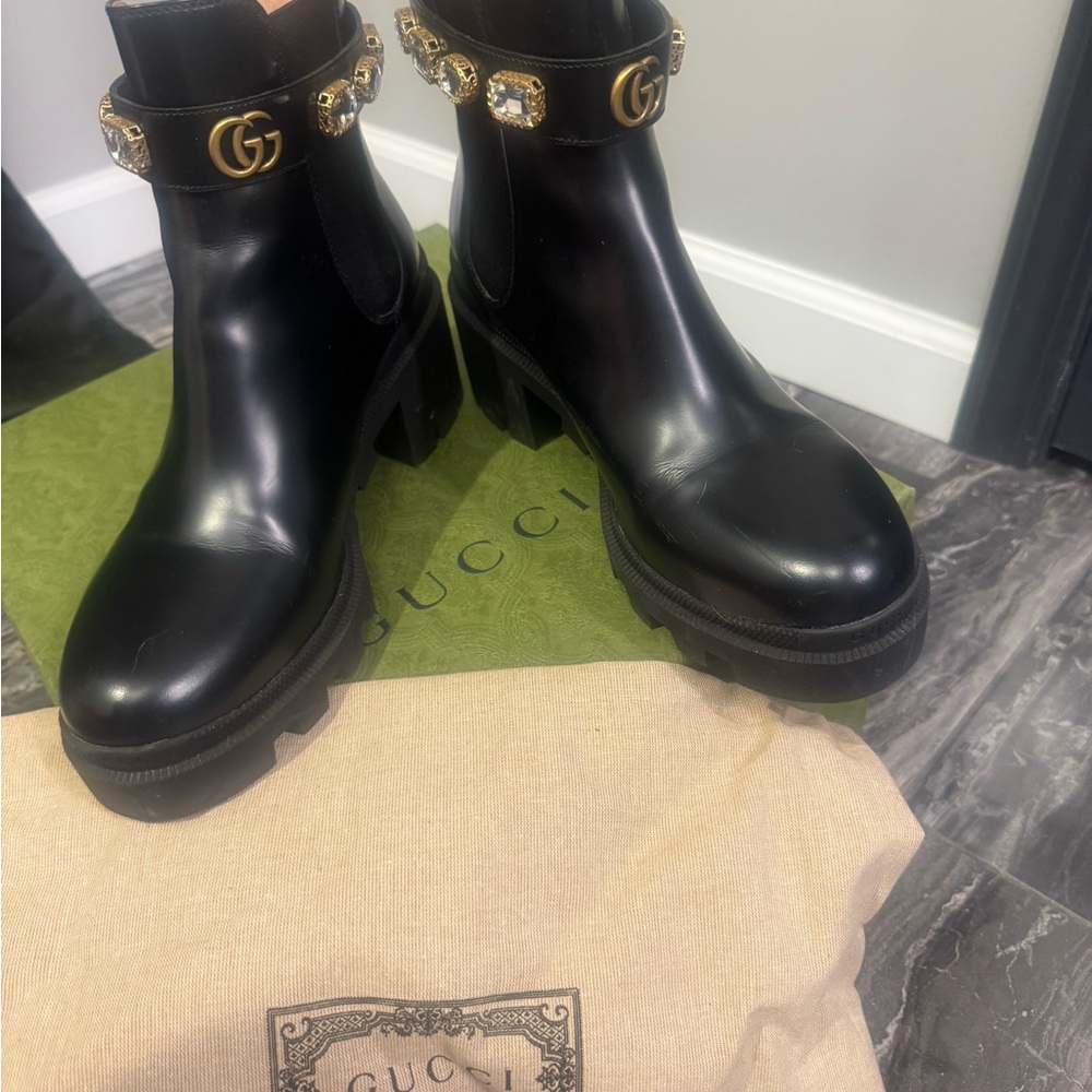 Gucci Black Ankle Boots with Gold Crystal Embellishments - Picture 2 of 6